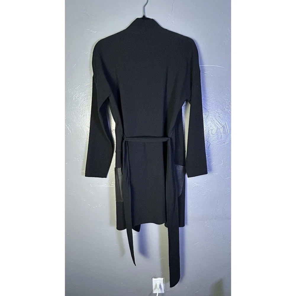 Women's Per Se Black Wool Cardigan W/ Leather Pockets With Tie Belt Size L